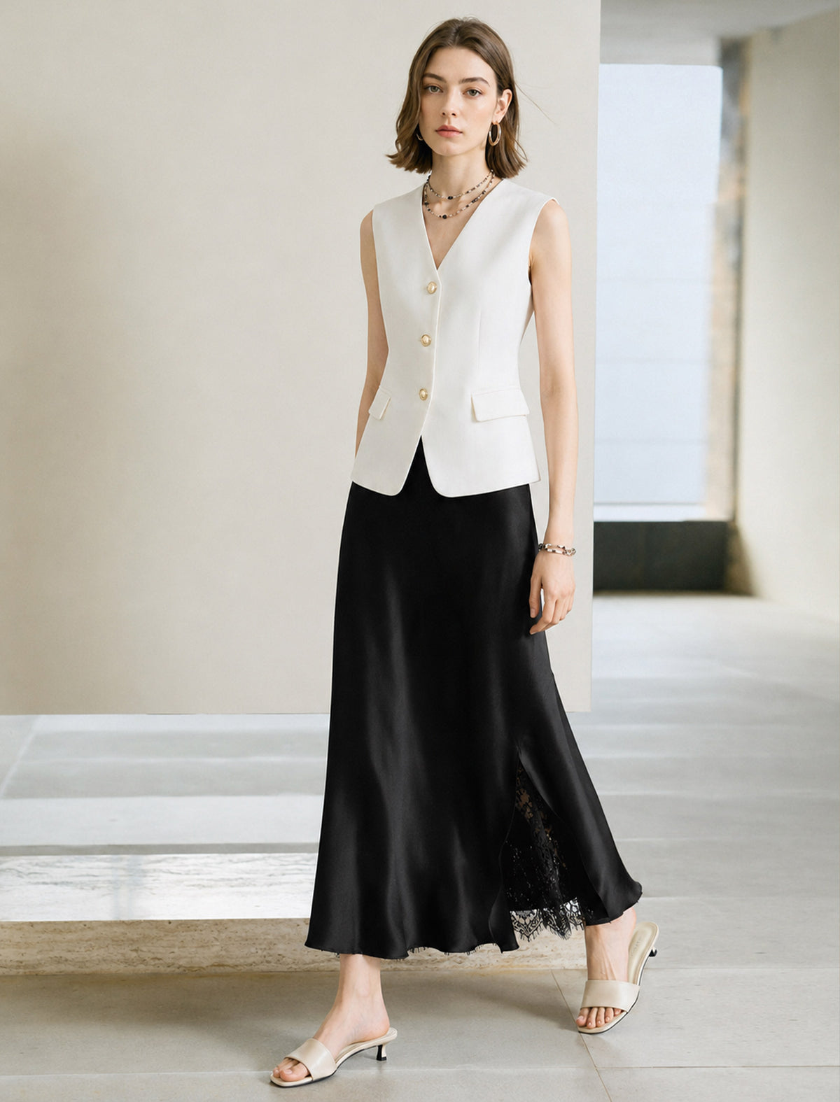 Solid Color Lace Hem Midi Skirt