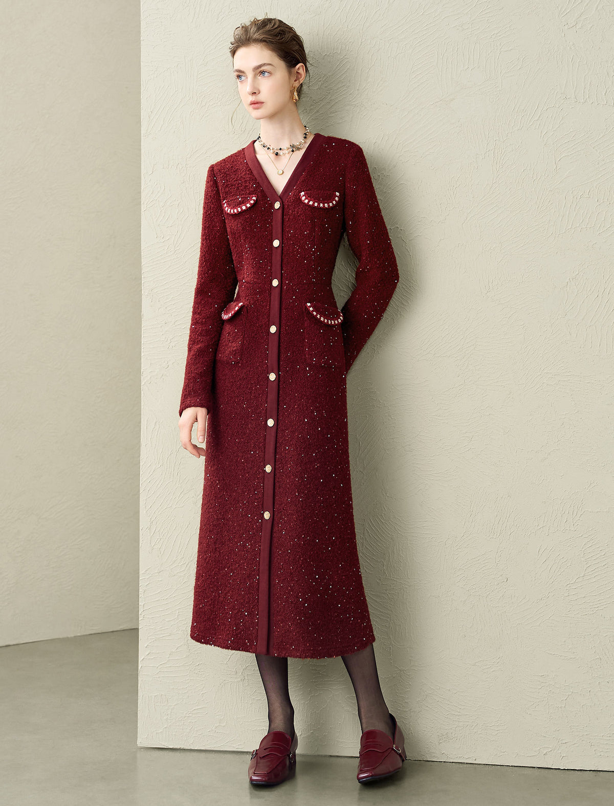 Sparkle Wool Blend V-Neck Button-Front Midi Dress