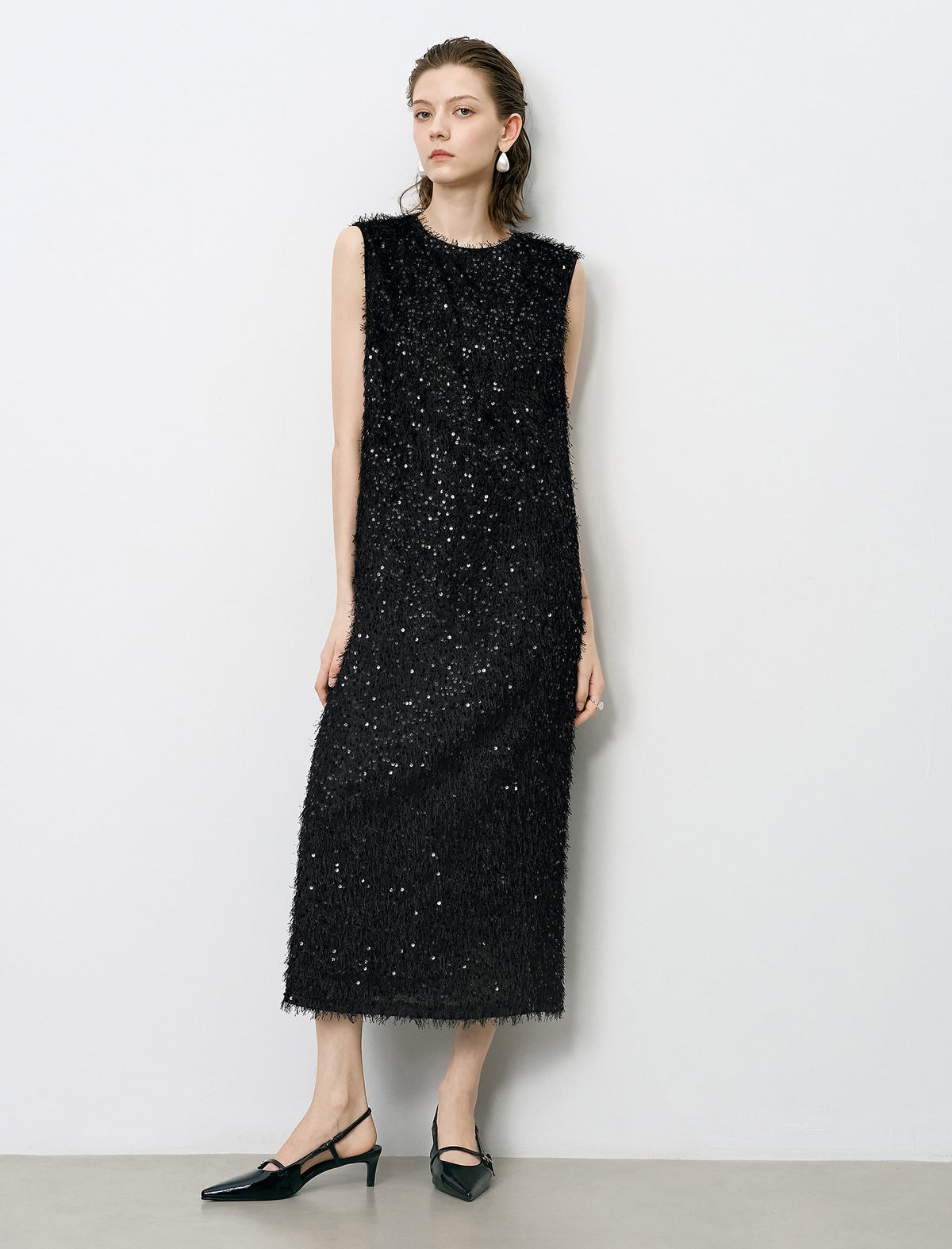 Black Sequin Sleeveless Midi Dress