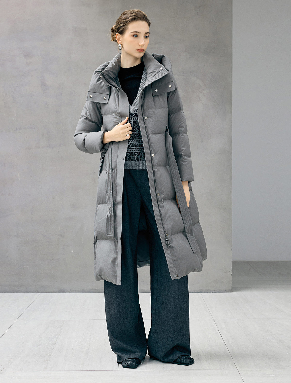 Belted Quilted Zip-Front Long Puffer Coat