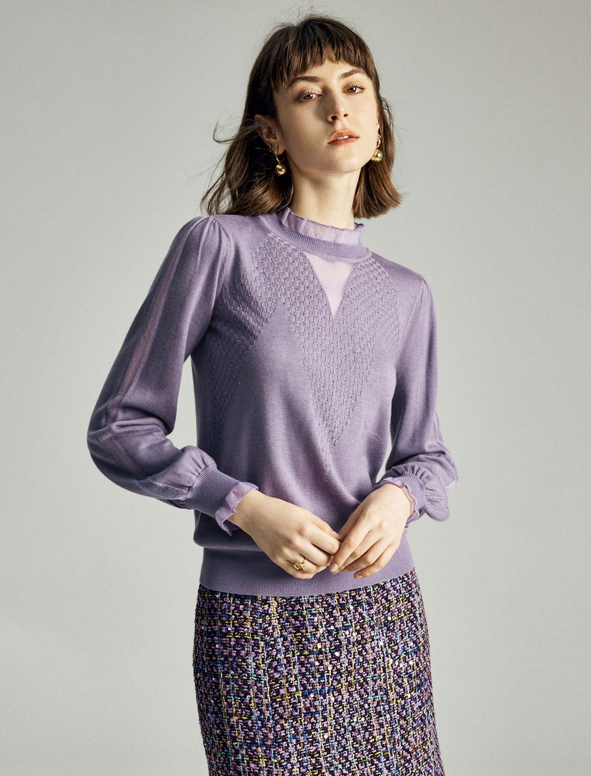 Ruffled Mock Neck Puff Sleeve Sweater