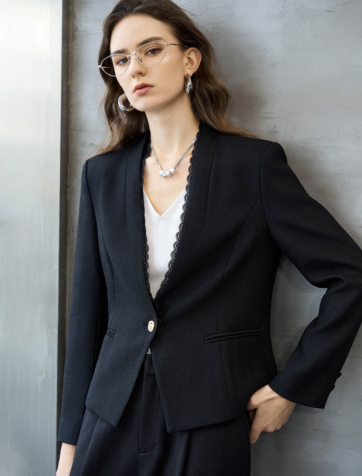 Lace Trim Collarless Blazer