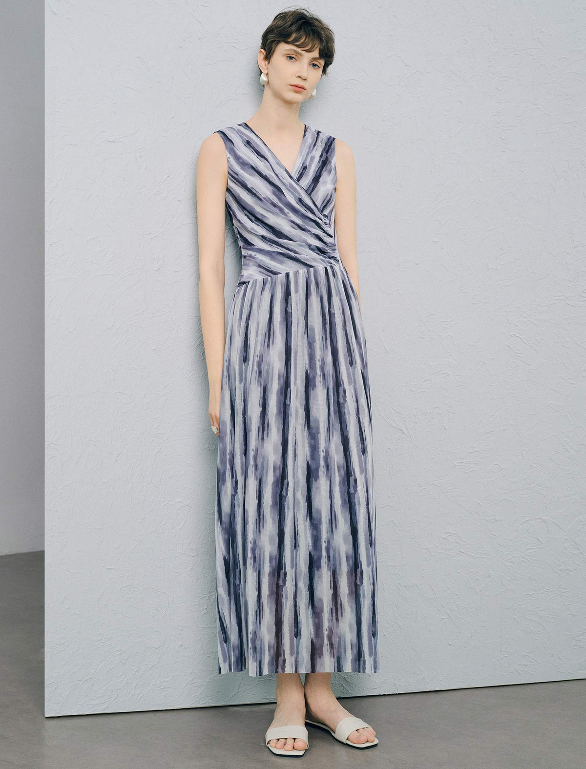 Sleeveless V Neck Watercolor Stripe Wrap Midi Dress