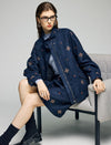 Embroidered Geometric Stand-Collar Zip-Front Jacket