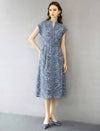 Dusty Blue Leaf Jacquard Cap‑Sleeve Belted Shirt Midi Dress