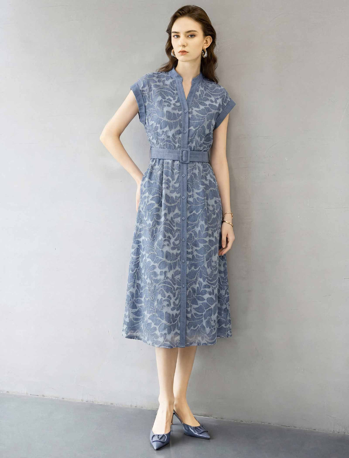 Dusty Blue Leaf Jacquard Cap‑Sleeve Belted Shirt Midi Dress