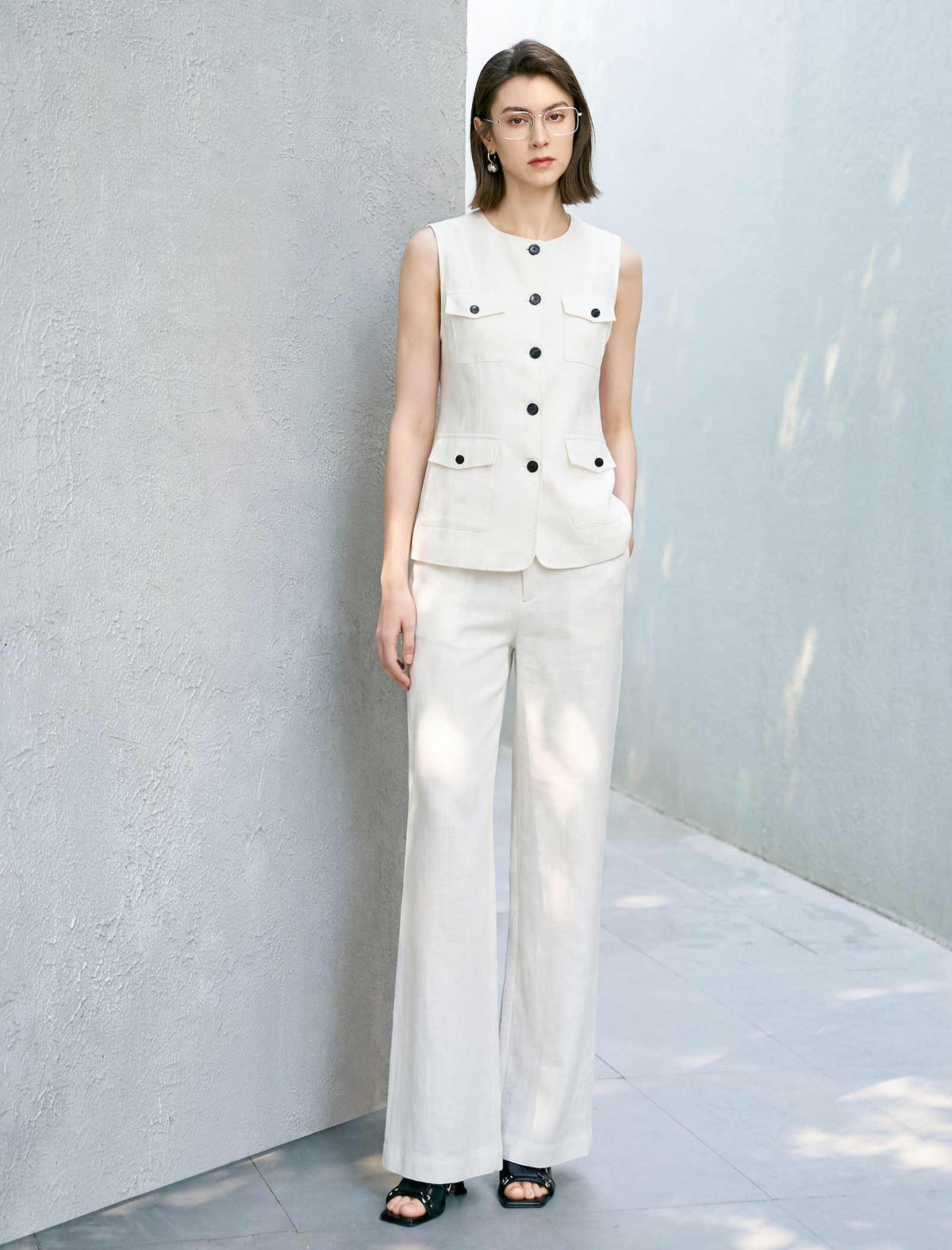 Off-White Linen Blend Sleeveless Vest
