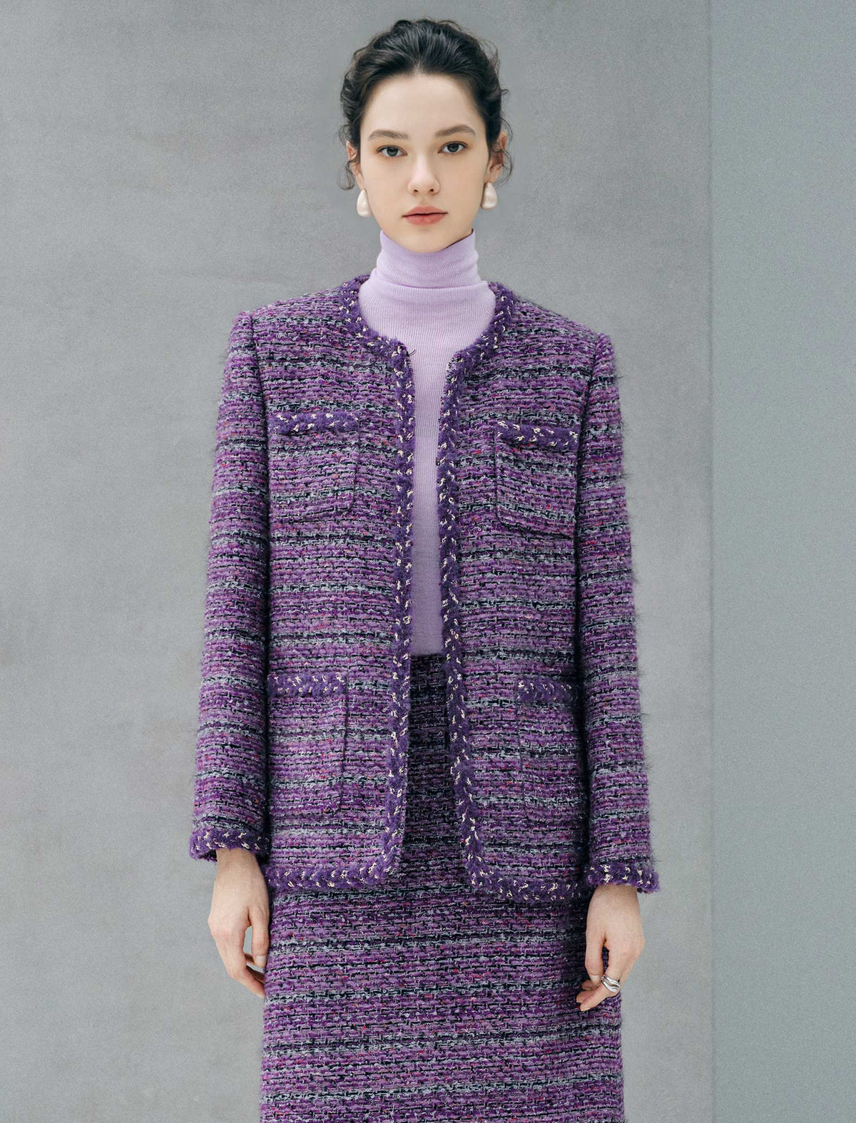 Wool Blend Textured Braided Trim Open-Front Jacket