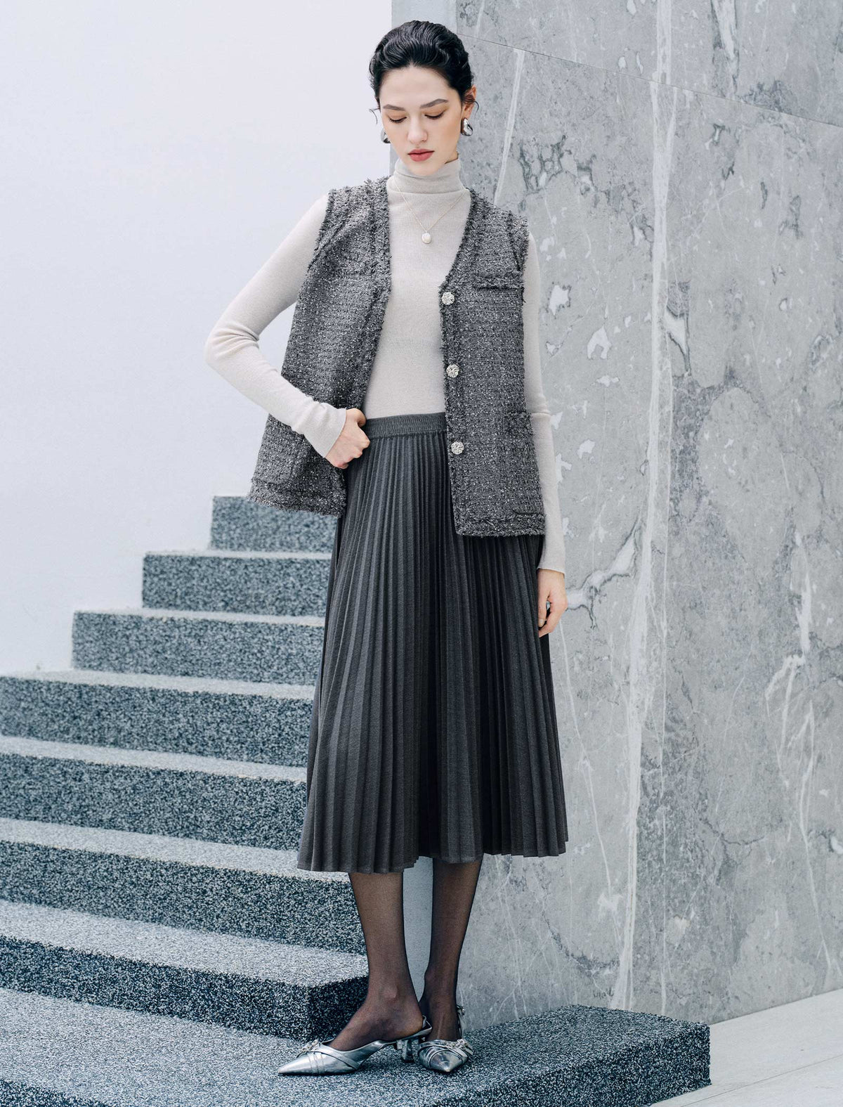 Pleated A Line Midi Skirt