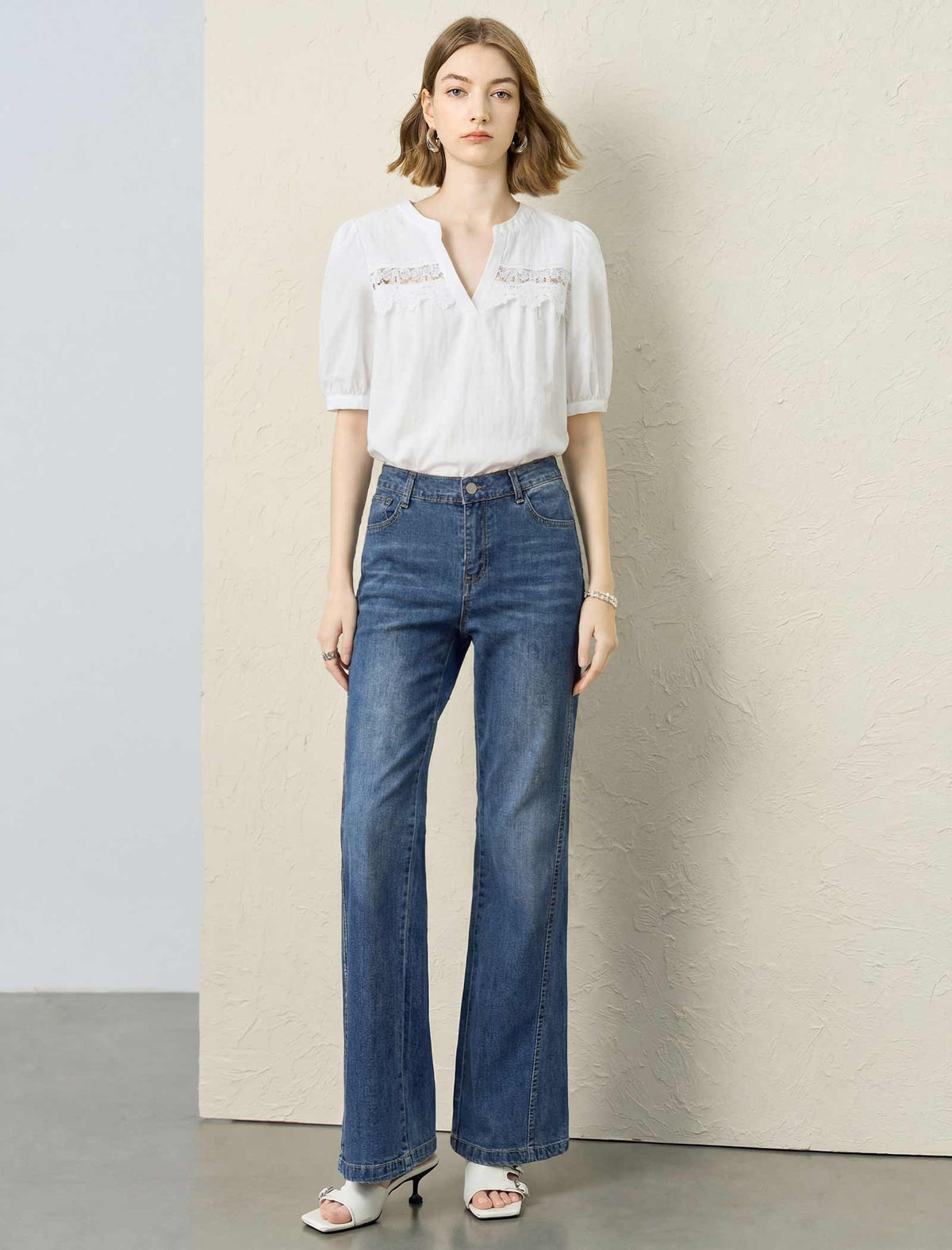 Lantern‑Sleeve Blouse With Lace Inserts