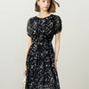 Chiffon Butterfly Print Puff Sleeve Midi Dress - Black Flower
