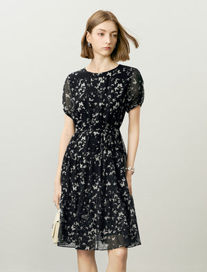 Chiffon Butterfly Print Puff Sleeve Midi Dress