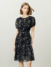 Chiffon Butterfly Print Puff Sleeve Midi Dress