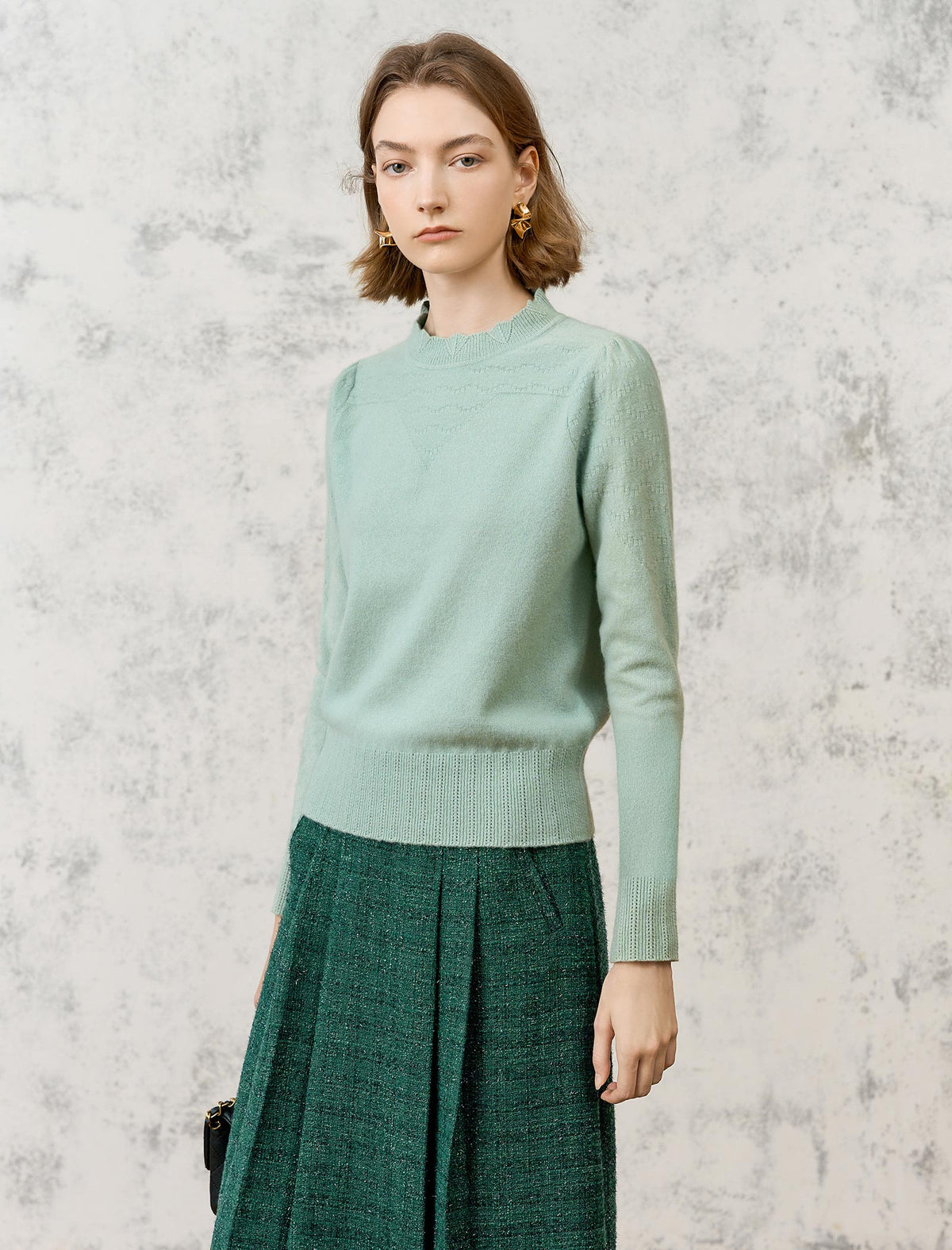 Wool Blend Eyelet Scalloped Stand-Collar Knit Top