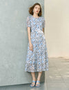 Chiffon Blue Floral Tiered Midi Dress
