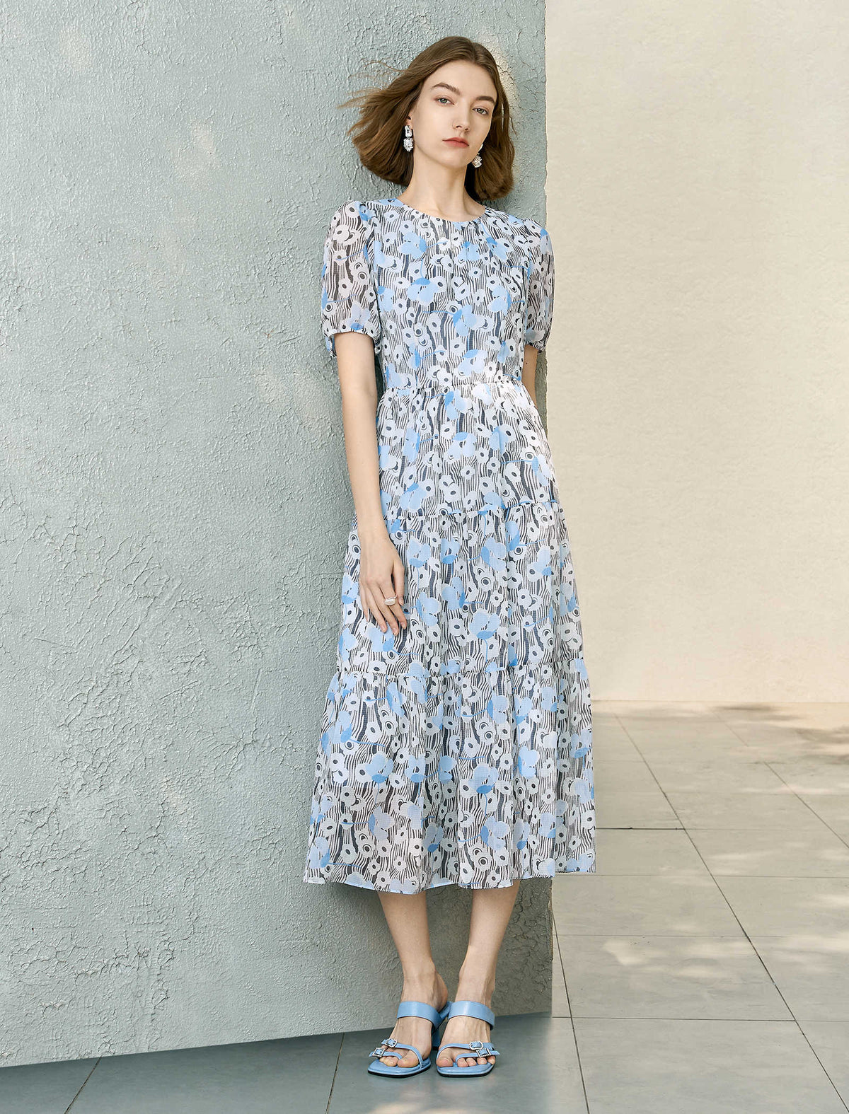 Chiffon Blue Floral Tiered Midi Dress