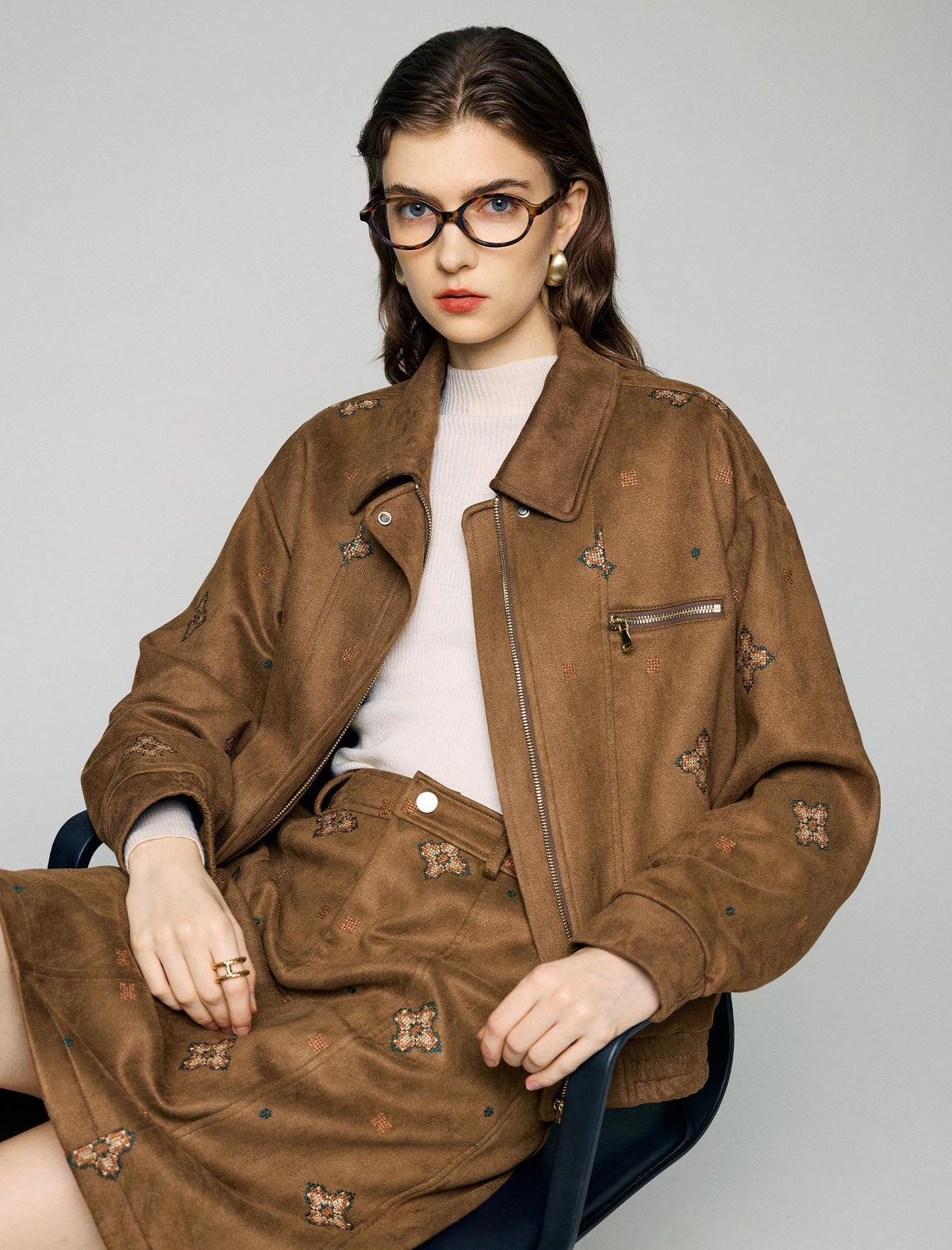 Embroidered Floral Collared Pocket Cropped Jacket