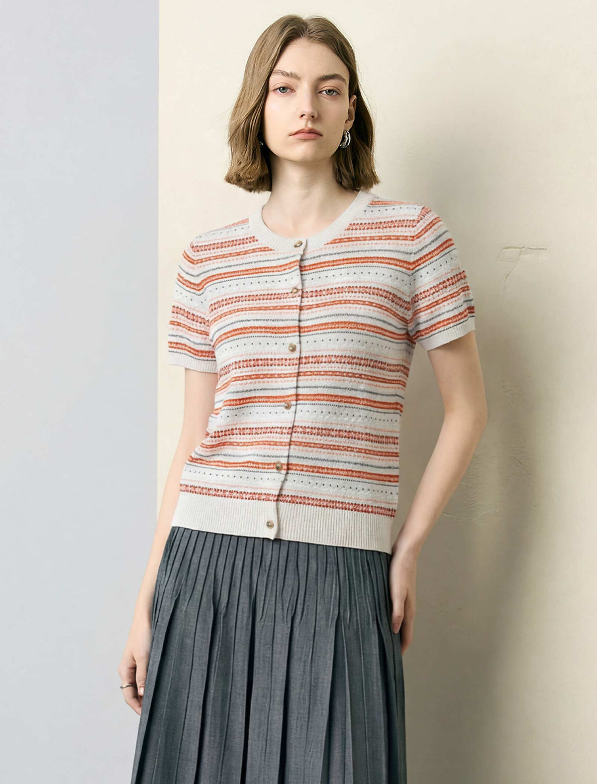 Striped Short-Sleeve Knit Cardigan