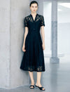 Navy Stand Collar Button Front Lace Midi Dress