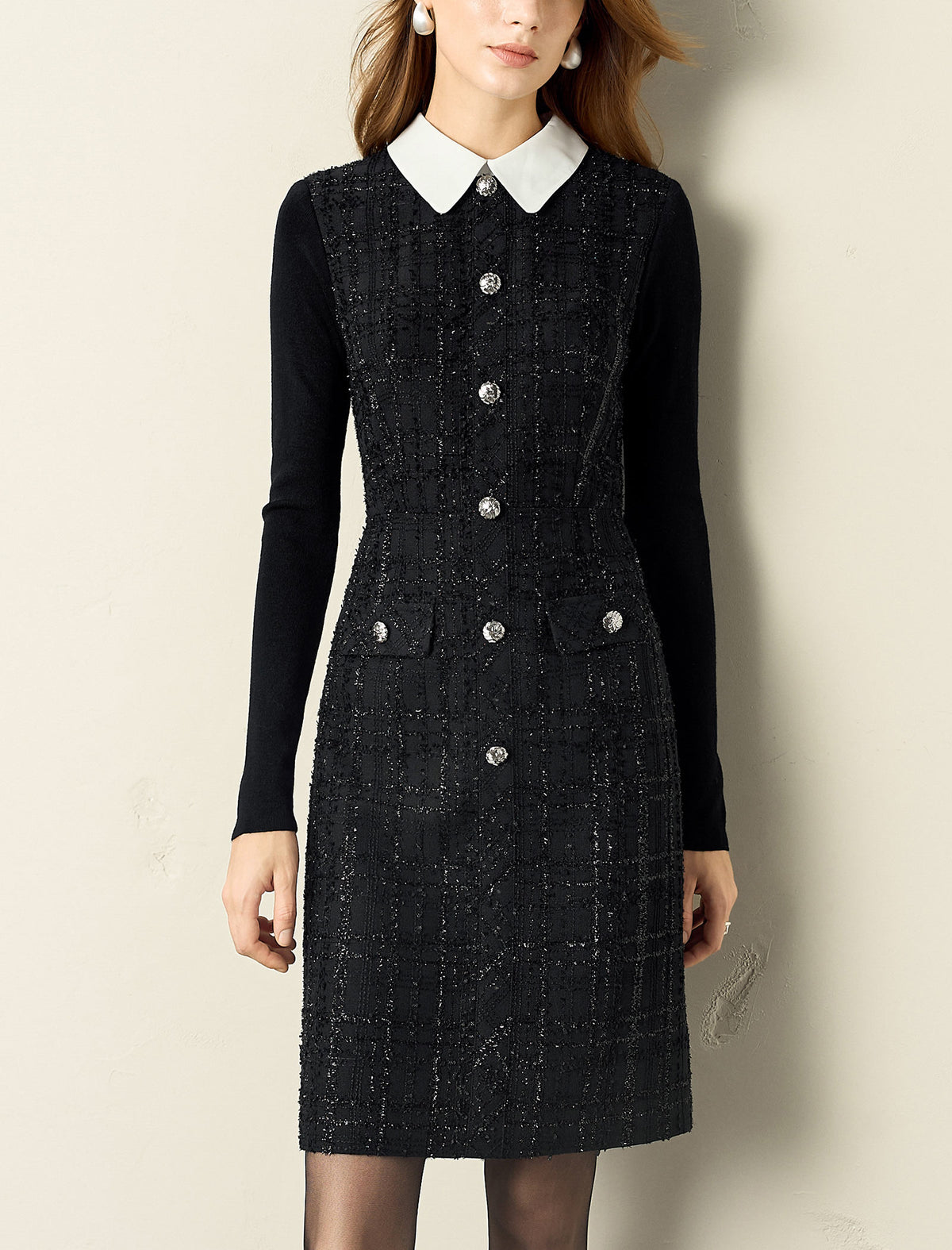 Doll Collar Waist-Defining Long-Sleeve Short Dress
