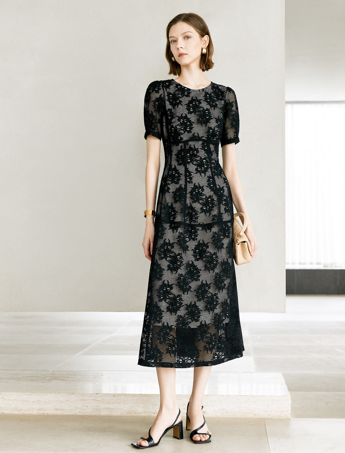 Noir Flocked Lace Midi Dress