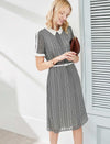Houndstooth Chiffon Contrast Collar Midi Shirt Dress