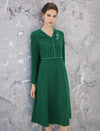 Jacquard V-Neck Chain-Trim Long Sleeve A-Line Midi Dress