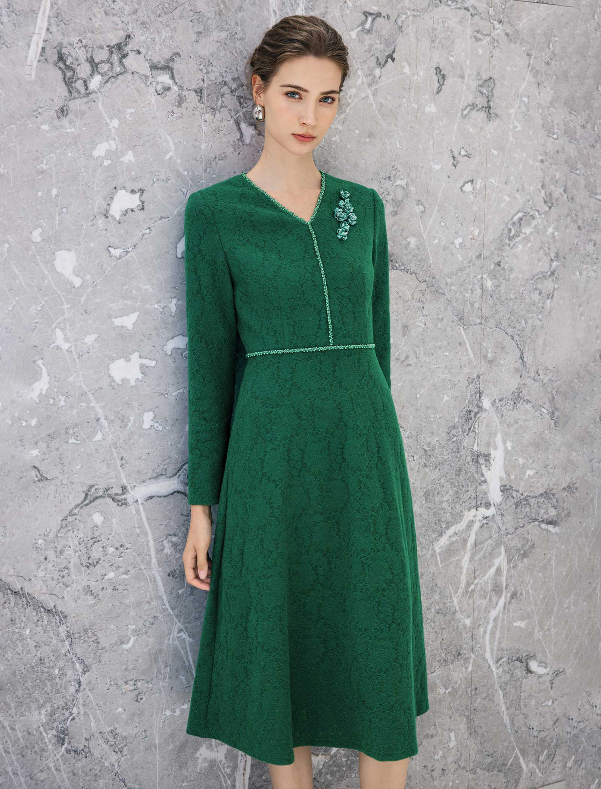 Jacquard V-Neck Chain-Trim Long Sleeve A-Line Midi Dress