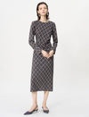 Diamond Plaid Long Sleeve Ruched-Waist Midi Dress