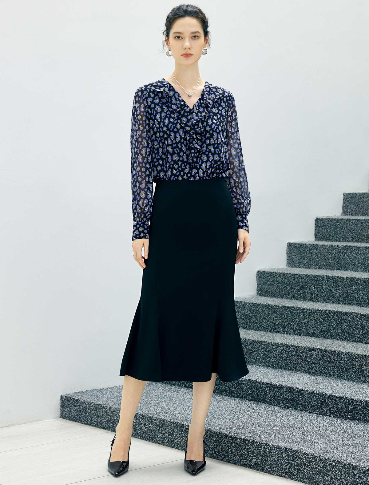 High Waist Flounce Hem Midi Skirt