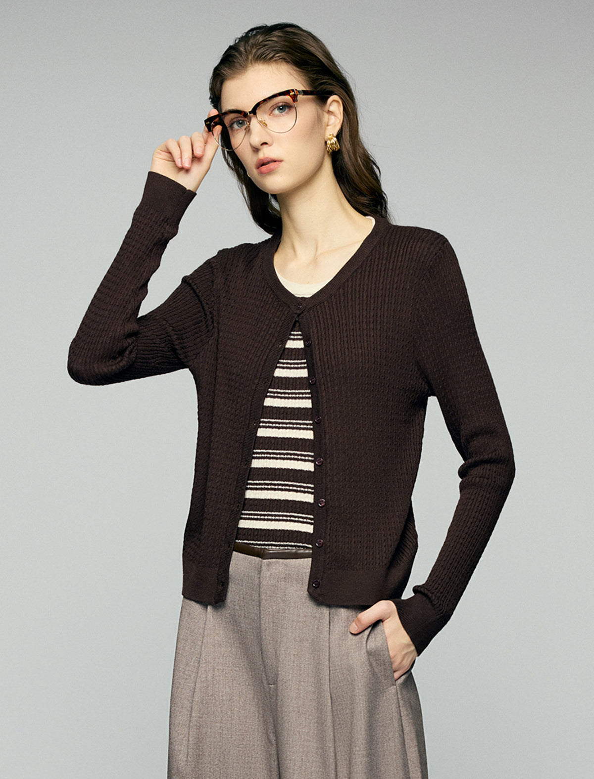 Blend Textured Long Sleeve Button Front Cardigan