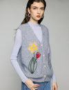 Wool and Mulberry Silk Blend Floral Applique V-Neck Button-Front Vest