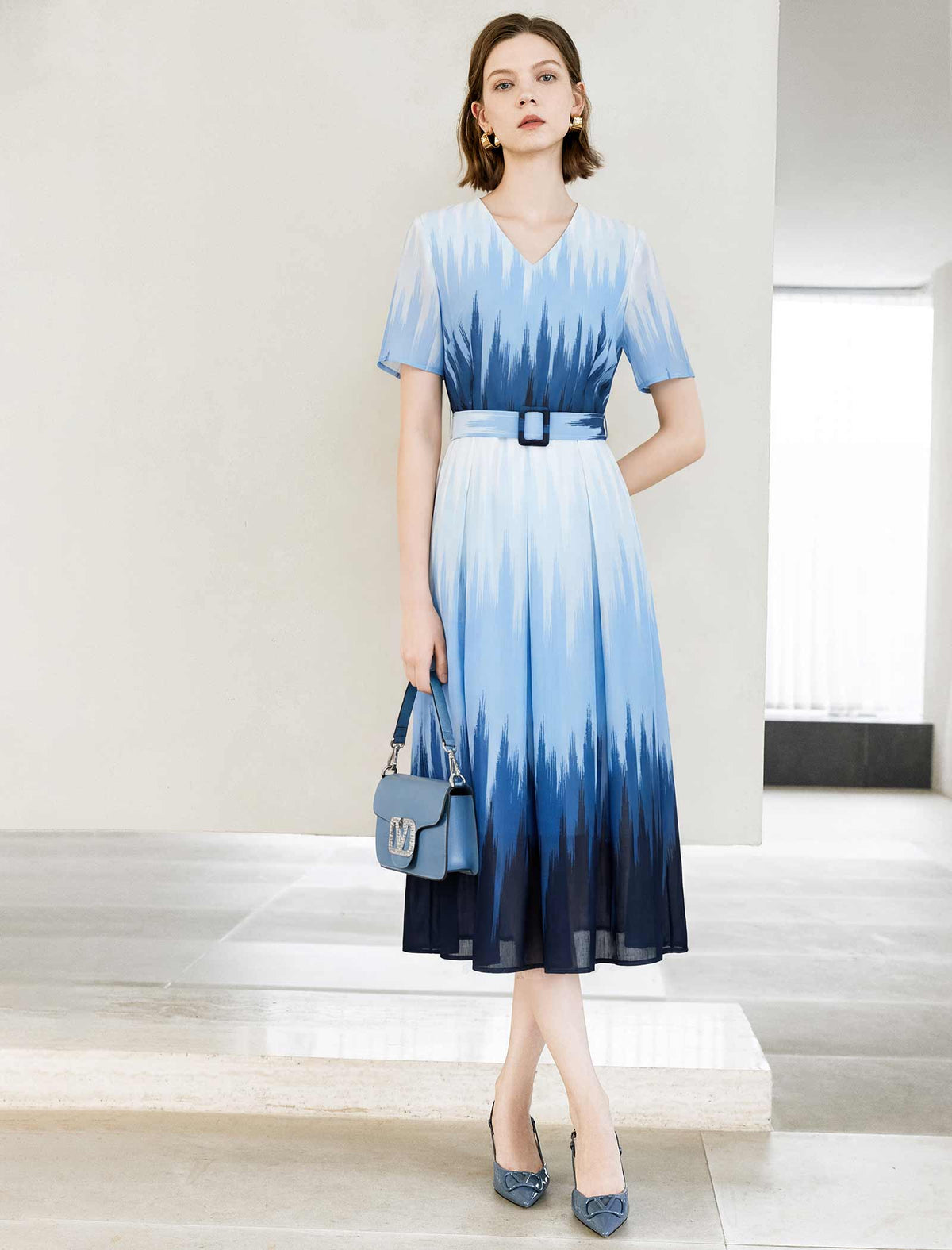 Blue Gradient Print Belted Midi Dress