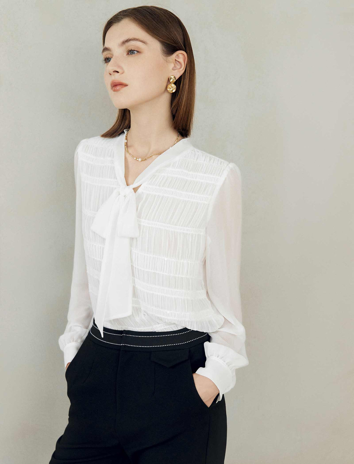 White Ruched Tie-Neck Blouse