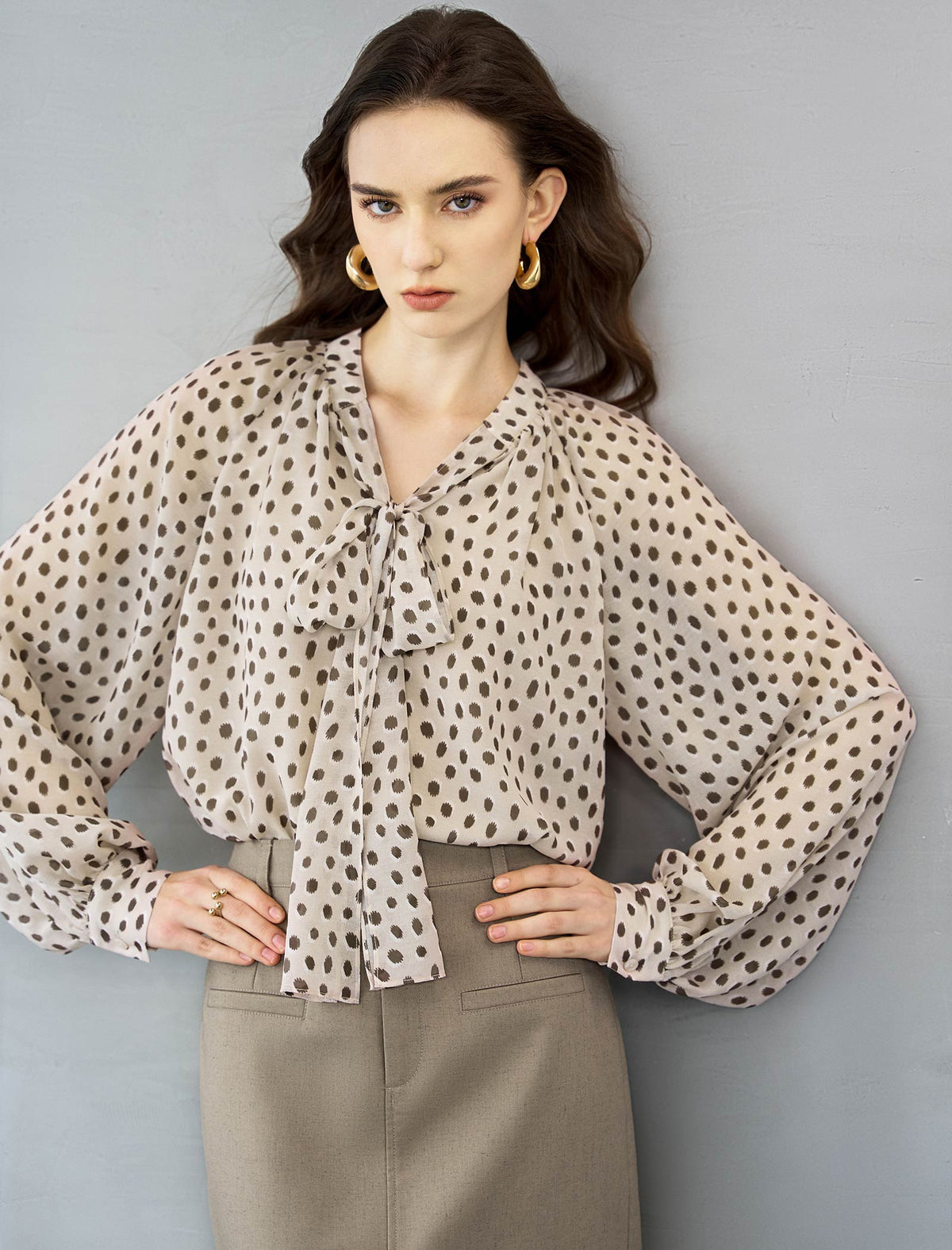 Oatmeal Ditsy Dot Tie-Neck Blouse