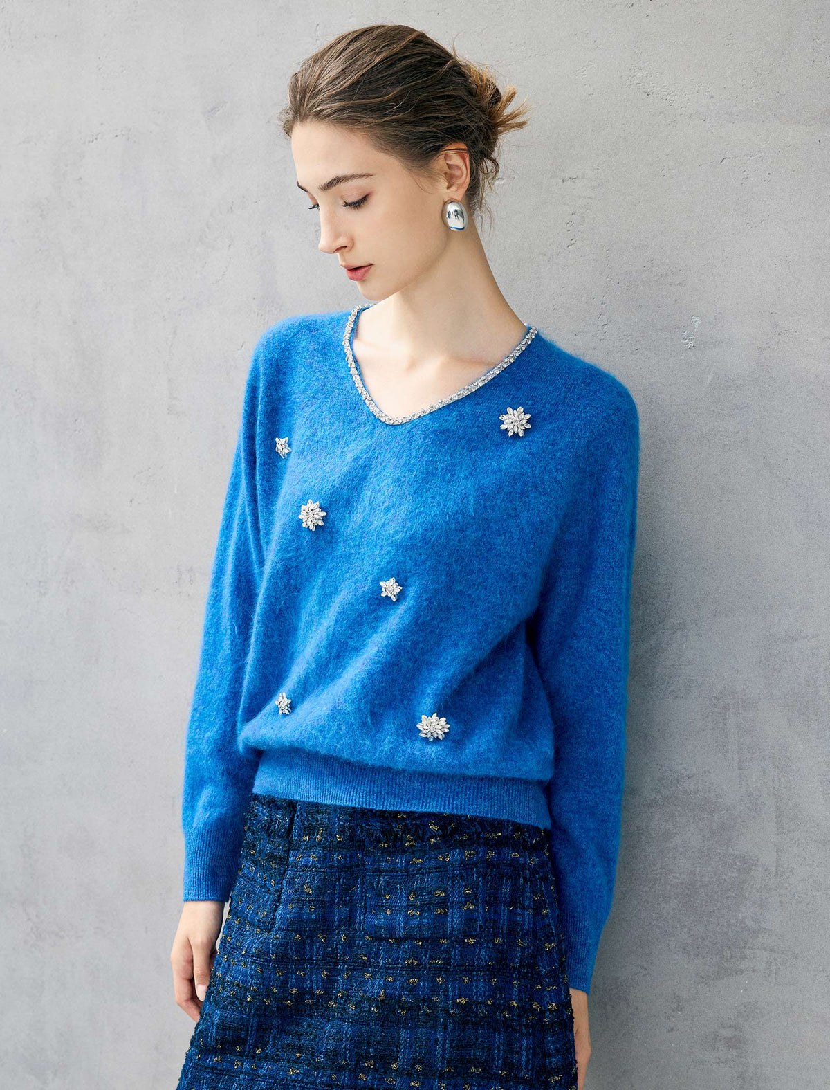 Wool and Mulberry Silk Blend Beaded V-Neck Sweater