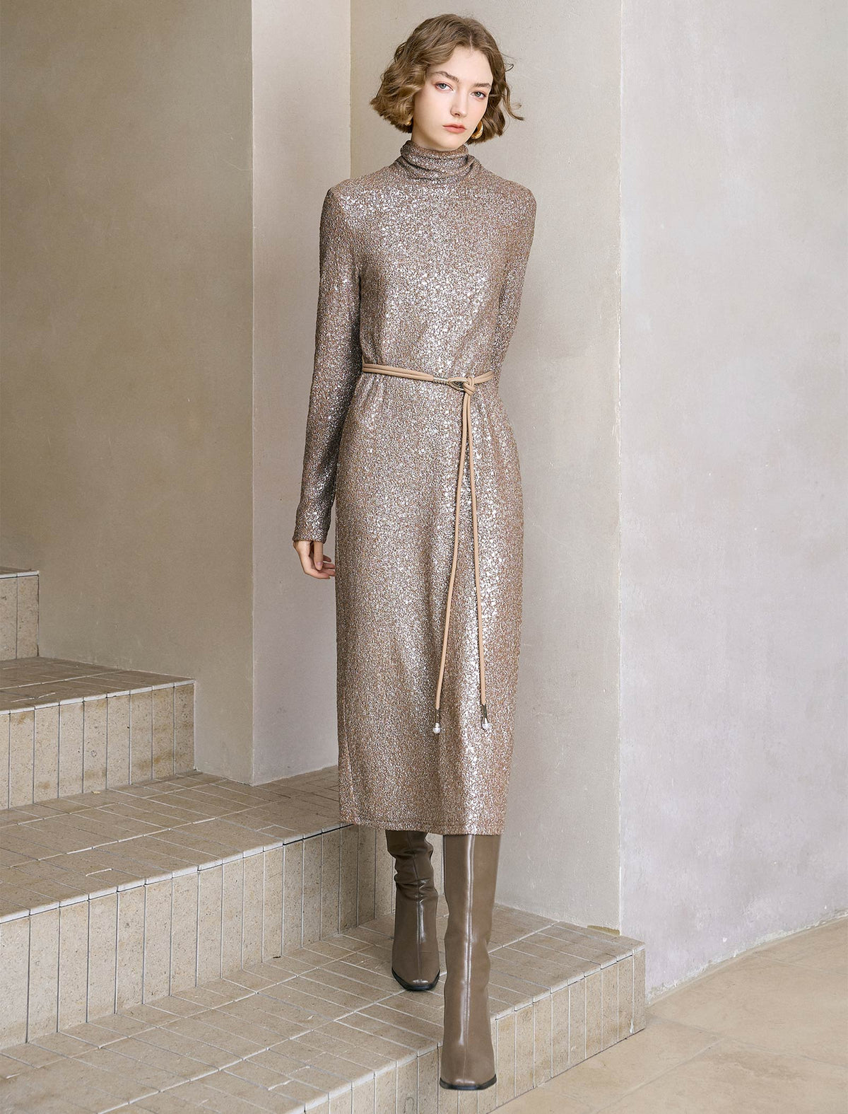 All-Over Sequin Turtleneck Midi Dress