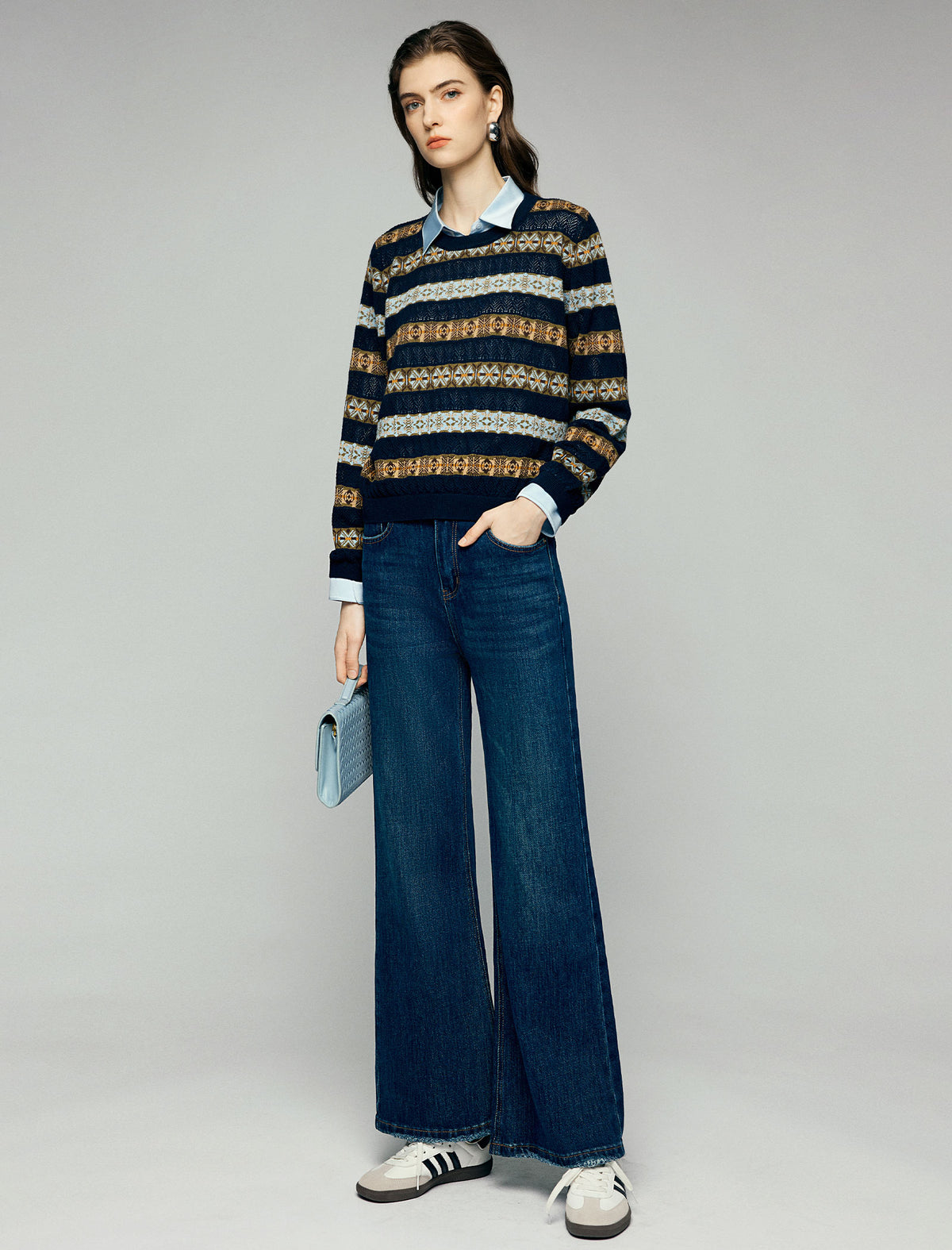 Wool Blend Geometric Stripe Crewneck Sweater