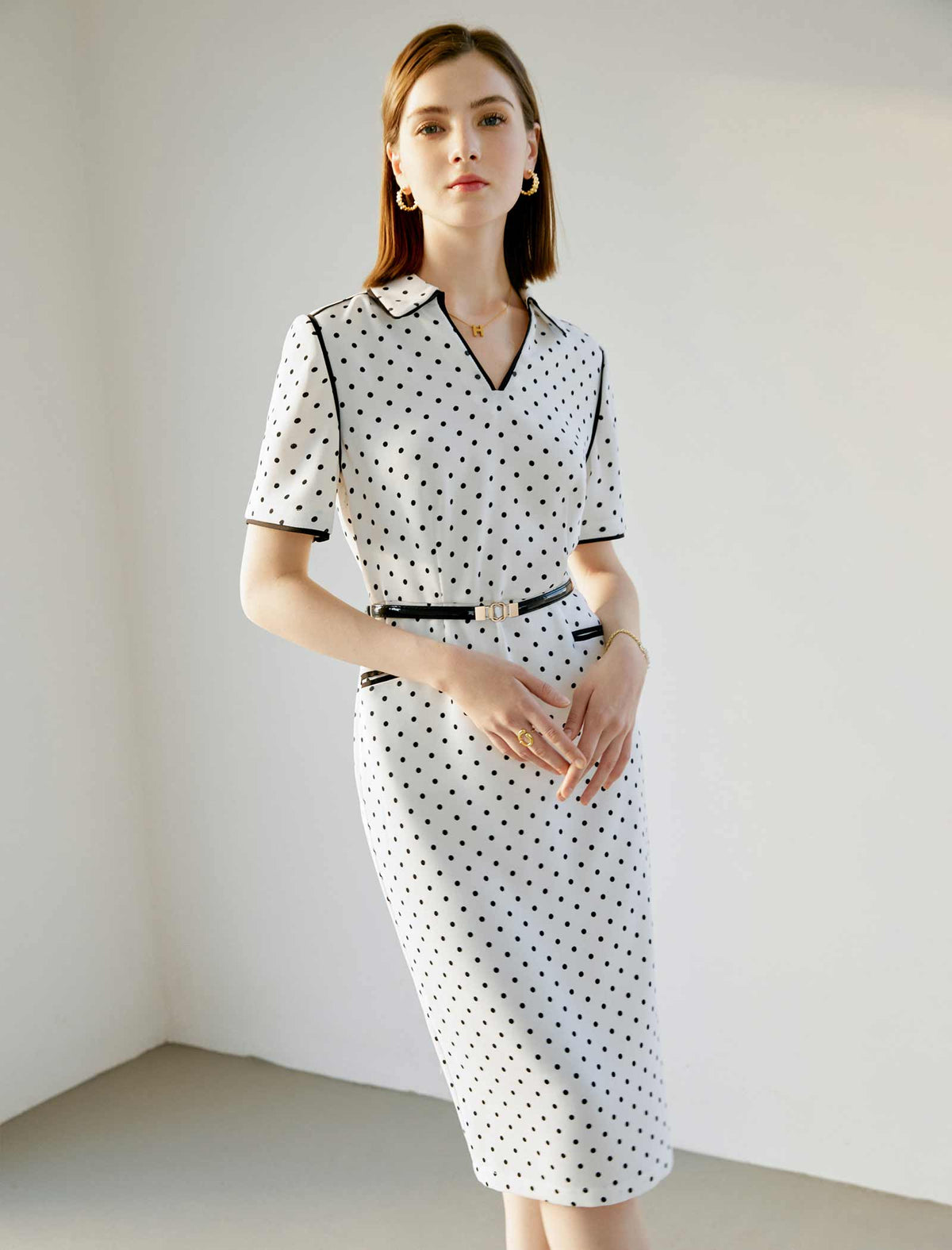 V-Neck Polka Dot Waist-Cinched Fitted Dress