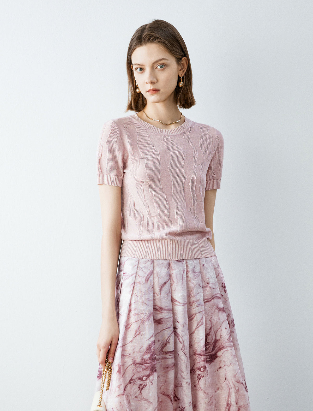 Pink Textured Short Sleeve Knit Top