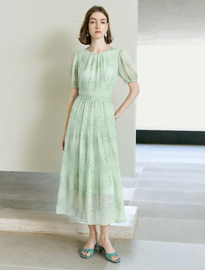 Floral Embroidered Puff Sleeve Midi Dress