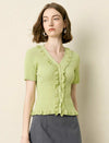 Ruffled V‑Neck Short‑Sleeve Cardigan