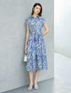 Blue Floral Print Belted Shirt Midi Dress