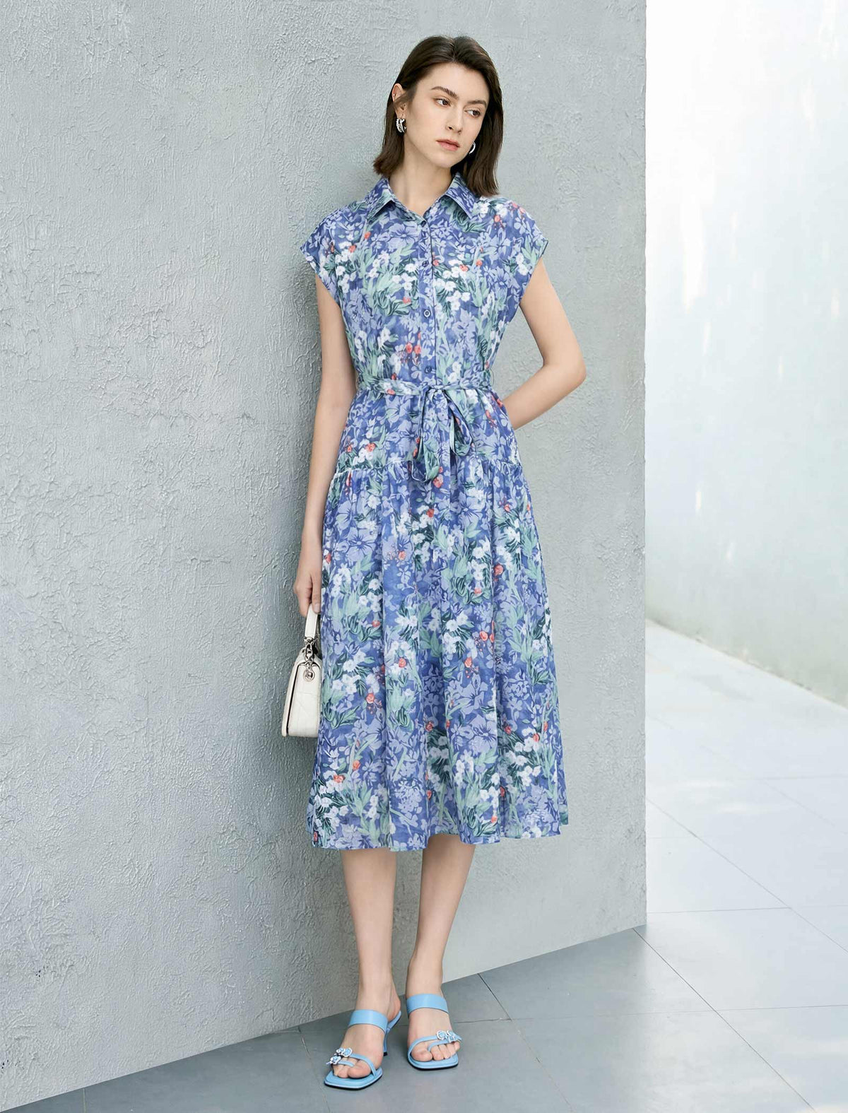 Blue Floral Print Belted Shirt Midi Dress