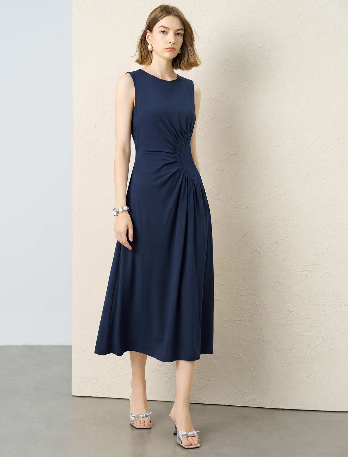 Side Ruched A-Line Sleeveless Midi Dress