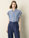 Stand‑Collared Striped Ruffle Short‑Sleeve Blouse