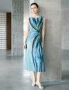Watercolor Blue Twist Waist Sleeveless Midi Dress