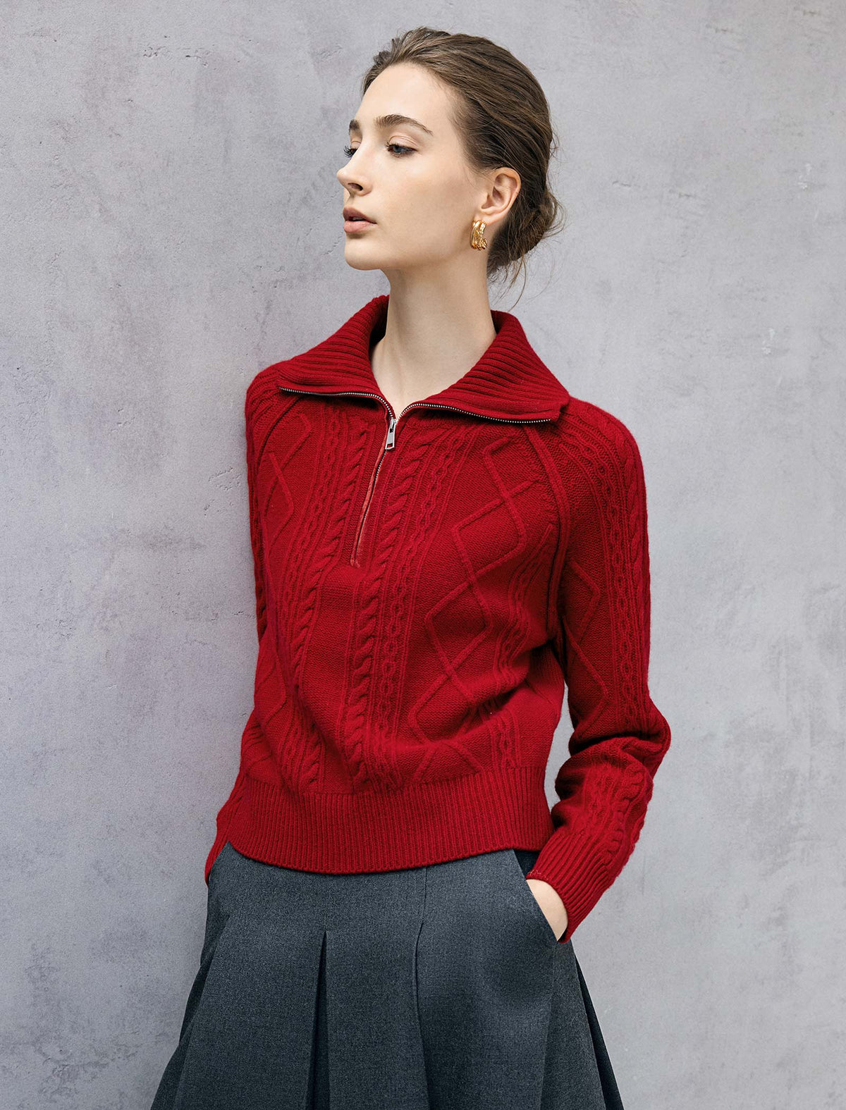 Wool Blend Cable-Knit Collared Half-Zip Sweater
