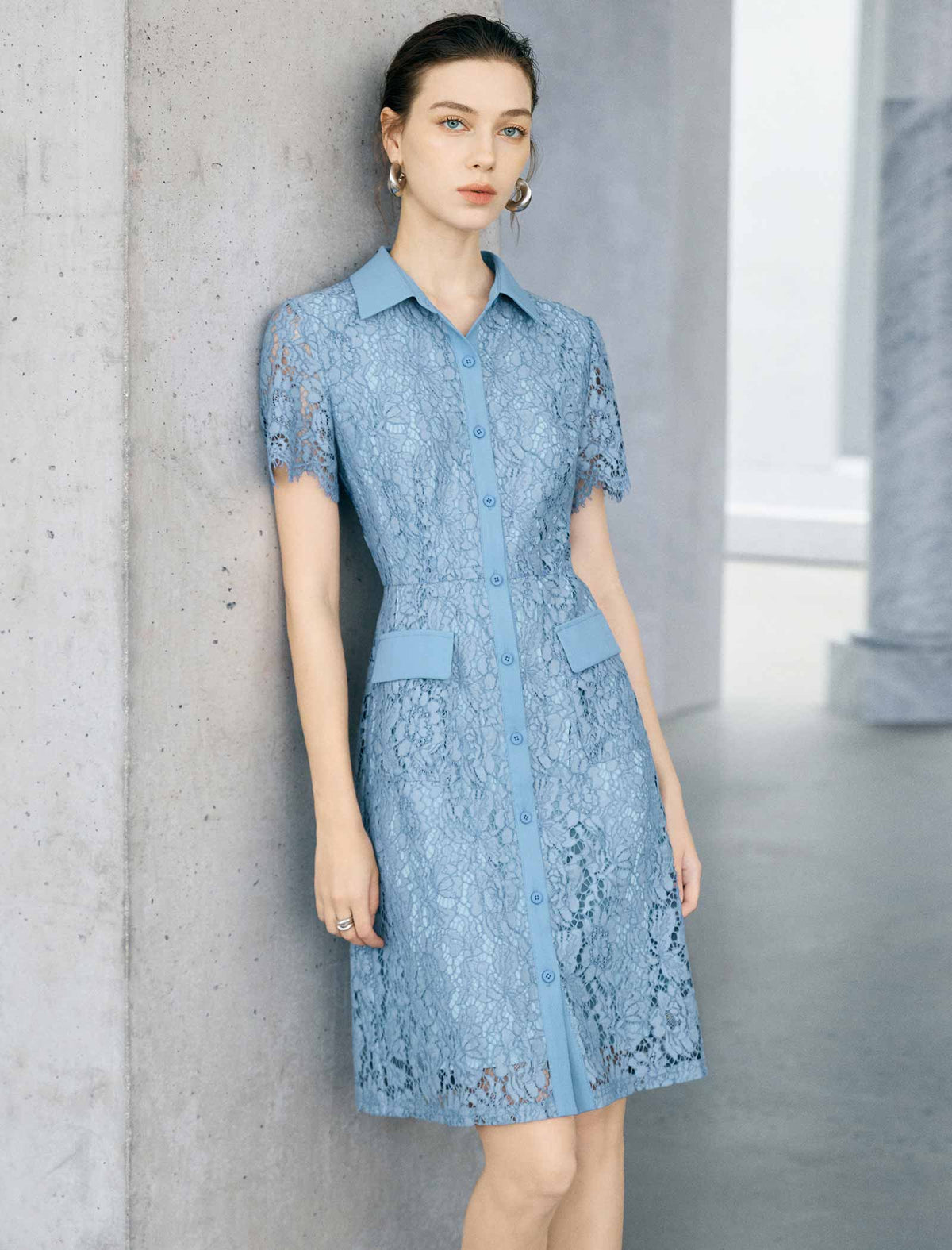 Light Blue Floral Lace Collared Short Sleeve Shirt Midi Dress