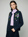 Wool Blend Embroidered Floral Crewneck Button-Front Cardigan